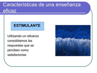 Características de una enseñanza
eficaz
ESTIMULANTE
Utilizando un refuerzo
consolidamos las
respuestas que se
perciben como
satisfactorias
 