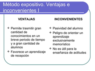 Método expositivo. Ventajas e
inconvenientes I
VENTAJAS
 Permite trasmitir gran
cantidad de
conocimientos en un
breve periodo de tiempo
y a gran cantidad de
alumnos
 Favorece un aprendizaje
de recepción
INCONVENIENTES
 Pasividad del alumno
 Peligro de orientar un
aprendizaje
exclusivamente
memorístico
 No es útil para la
enseñanza de actitudes
 
