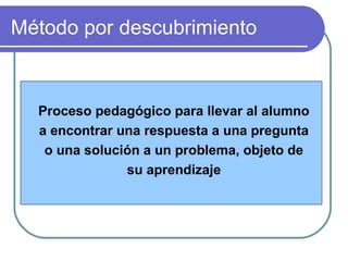 Método por descubrimiento
Proceso pedagógico para llevar al alumno
a encontrar una respuesta a una pregunta
o una solución a un problema, objeto de
su aprendizaje
 