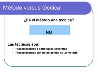 Método versus técnica
¿Es el método una técnica?
NO
Las técnicas son:
 Procedimientos o estrategias concretas
 Procedimientos concretos dentro de un método
 