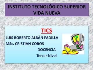 INSTITUTO TECNOLÓGICO SUPERIOR
VIDA NUEVA
TICS
LUIS ROBERTO ALBÁN PADILLA
MSc. CRISTIAN COBOS
DOCENCIA
Tercer Nivel
 