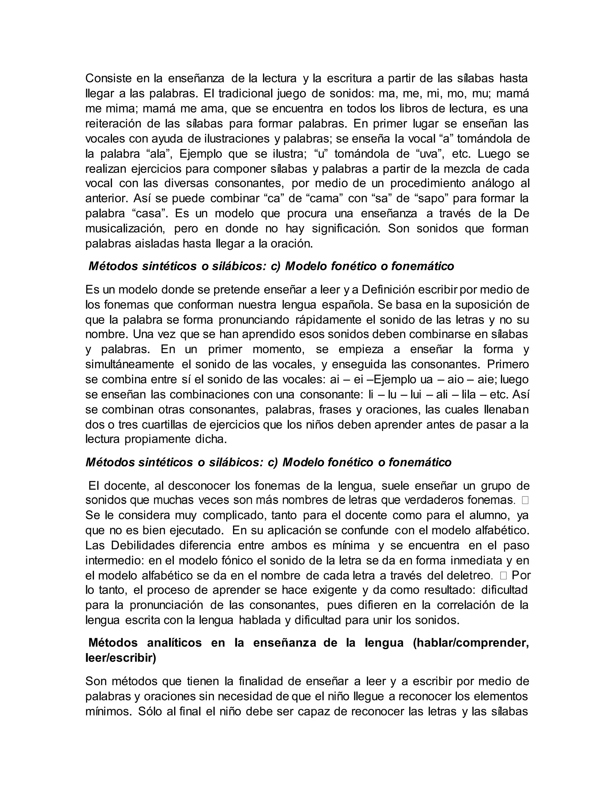 Métodos de enseñanza de los procesos de lectura y escritura | DOCX
