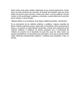 Métodos de enseñanza de los procesos de lectura y escritura | DOCX