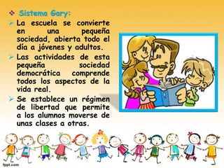  Sistema Gary:
 La escuela se convierte
en una pequeña
sociedad, abierta todo el
día a jóvenes y adultos.
 Las actividades de esta
pequeña sociedad
democrática comprende
todos los aspectos de la
vida real.
 Se establece un régimen
de libertad que permite
a los alumnos moverse de
unas clases a otras.
 