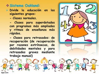 Sistema Oakland:
 Divide la educación en los
siguientes grupos:
- Clases normales.
- Clases para superdotados
con programas más ampliados
y ritmos de enseñanza más
rápidos.
- Clases para retrasados: de
recuperación (de recuperación
por razones extrínsecas, de
debilidades mentales y para
retrasados graves mediante
trabajo manual)
 