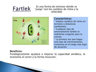Es una forma de entrenar donde se
“juega” con los cambios de ritmo y la
velocidad
Características:
* Implica cambios de ritmo en
terrenos y distancias
cambiantes.
* Cualquier tipo de
entrenamiento fartlek es
realmente exigente para tu
cuerpo.
* La primera vez que hagas
este tipo de entrenamiento,
comienza en el rango más bajo
de duración.
Beneficios:
Fisiológicamente ayudará a mejorar la capacidad aeróbica, la
economía al correr y la forma muscular.
 