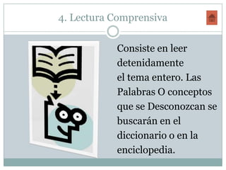 4. Lectura Comprensiva

           Consiste en leer
           detenidamente
           el tema entero. Las
           Palabras O conceptos
           que se Desconozcan se
           buscarán en el
           diccionario o en la
           enciclopedia.
 