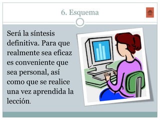 6. Esquema

Será la síntesis
definitiva. Para que
realmente sea eficaz
es conveniente que
sea personal, así
como que se realice
una vez aprendida la
lección.
 