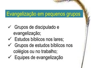Evangelização em pequenos grupos
 Grupos de discipulado e
evangelização;
 Estudos bíblicos nos lares;
 Grupos de estudos bíblicos nos
colégios ou no trabalho;
 Equipes de evangelização
 