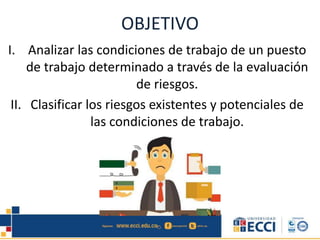 OBJETIVO
I. Analizar las condiciones de trabajo de un puesto
de trabajo determinado a través de la evaluación
de riesgos.
II. Clasificar los riesgos existentes y potenciales de
las condiciones de trabajo.
 
