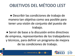 OBJETIVOS DEL MÉTODO LEST
● Describir las condiciones de trabajo de
manera tan objetiva como sea posible para
tener una visión de conjunto del puesto de
trabajo.
● Servir de base a la discusión entre directivos
de empresa, representantes de los trabajadores
y técnicos, para definir un programa de mejora
de las condiciones de trabajo.
 