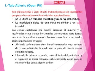 CORTAS
Son explotaciones a cielo abierto tridimensionales de yacimientos
que por su buzamiento o forma tienden a profundizarse.
• se le utiliza en minería metálica y minería del carbón
• La morfología típica de una corta es similar a un cono
invertido.
Las cortas explotadas por bancos arrancan el mineral y el
recubrimiento por tramos horizontales descendentes hasta formar
una serie de escalonamientos o bancos; estos bancos se pueden
abrir siguiendo dos criterios:
 Abriendo cada uno cuando el inmediato superior tenga anchura
de rellano suficiente, de modo que la grada de bancos avanza
simultáneamente.
 Llevando la primera rebanada, hasta el límite del yacimiento y
el siguiente se inicia retrasado suficientemente como para no
entorpecer los demás frentes activos.
1.-Tajo Abierto (Open Pit)
 