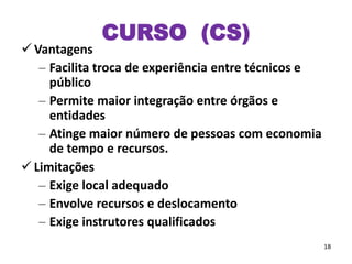 CURSO (CS)
 Vantagens
– Facilita troca de experiência entre técnicos e
público
– Permite maior integração entre órgãos e
entidades
– Atinge maior número de pessoas com economia
de tempo e recursos.
 Limitações
– Exige local adequado
– Envolve recursos e deslocamento
– Exige instrutores qualificados
18
 