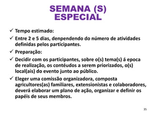 Tempo estimado:
 Entre 2 e 5 dias, denpendendo do número de atividades
definidas pelos participantes.
 Preparação:
 Decidir com os participantes, sobre o(s) tema(s) á epoca
de realização, os contéudos a serem priorizados, o(s)
local(ais) do evento junto ao público.
 Eleger uma comissão organizadora, composta
agricultores(as) familiares, extensionistas e colaboradores,
deverá elaborar um plano de ação, organizar e definir os
papéis de seus membros.
35
SEMANA (S)
ESPECIAL
 