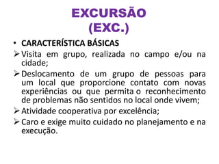 EXCURSÃO
(EXC.)
• CARACTERÍSTICA BÁSICAS
Visita em grupo, realizada no campo e/ou na
cidade;
Deslocamento de um grupo de pessoas para
um local que proporcione contato com novas
experiências ou que permita o reconhecimento
de problemas não sentidos no local onde vivem;
Atividade cooperativa por excelência;
Caro e exige muito cuidado no planejamento e na
execução.
 