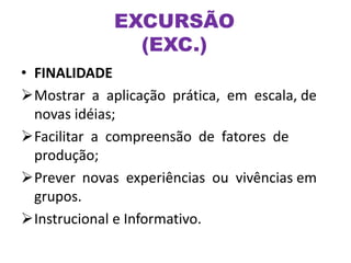 • FINALIDADE
Mostrar a aplicação prática, em escala, de
novas idéias;
Facilitar a compreensão de fatores de
produção;
Prever novas experiências ou vivências em
grupos.
Instrucional e Informativo.
EXCURSÃO
(EXC.)
 