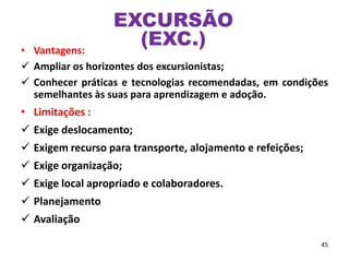 • Vantagens:
 Ampliar os horizontes dos excursionistas;
 Conhecer práticas e tecnologias recomendadas, em condições
semelhantes às suas para aprendizagem e adoção.
• Limitações :
 Exige deslocamento;
 Exigem recurso para transporte, alojamento e refeições;
 Exige organização;
 Exige local apropriado e colaboradores.
 Planejamento
 Avaliação
45
EXCURSÃO
(EXC.)
 