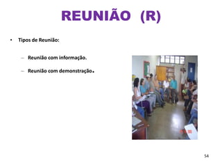 54
• Tipos de Reunião:
– Reunião com informação.
– Reunião com demonstração.
REUNIÃO (R)
 