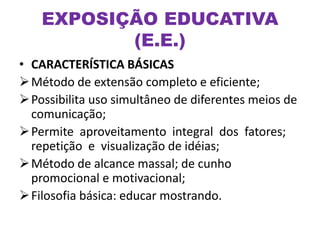 EXPOSIÇÃO EDUCATIVA
(E.E.)
• CARACTERÍSTICA BÁSICAS
Método de extensão completo e eficiente;
Possibilita uso simultâneo de diferentes meios de
comunicação;
Permite aproveitamento integral dos fatores;
repetição e visualização de idéias;
Método de alcance massal; de cunho
promocional e motivacional;
Filosofia básica: educar mostrando.
 