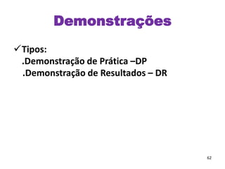 Demonstrações
Tipos:
.Demonstração de Prática –DP
.Demonstração de Resultados – DR
62
 