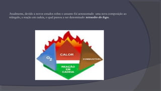 Atualmente, devido a novos estudos sobre o assunto foi acrescentado uma nova composição ao
triângulo, a reação em cadeia, o qual passou a ser denominado tetraedro do fogo.
 