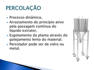    Processo dinâmico,
   Arrastamento do princípio ativo
    pela passagem contínua do
    líquido extrator,
   Esgotamento da planta através do
    gotejamento lento do material.
   Percolador pode ser de vidro ou
    metal.
 