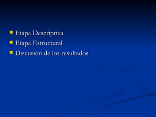    Etapa Descriptiva
   Etapa Estructural
   Discusión de los resultados
 