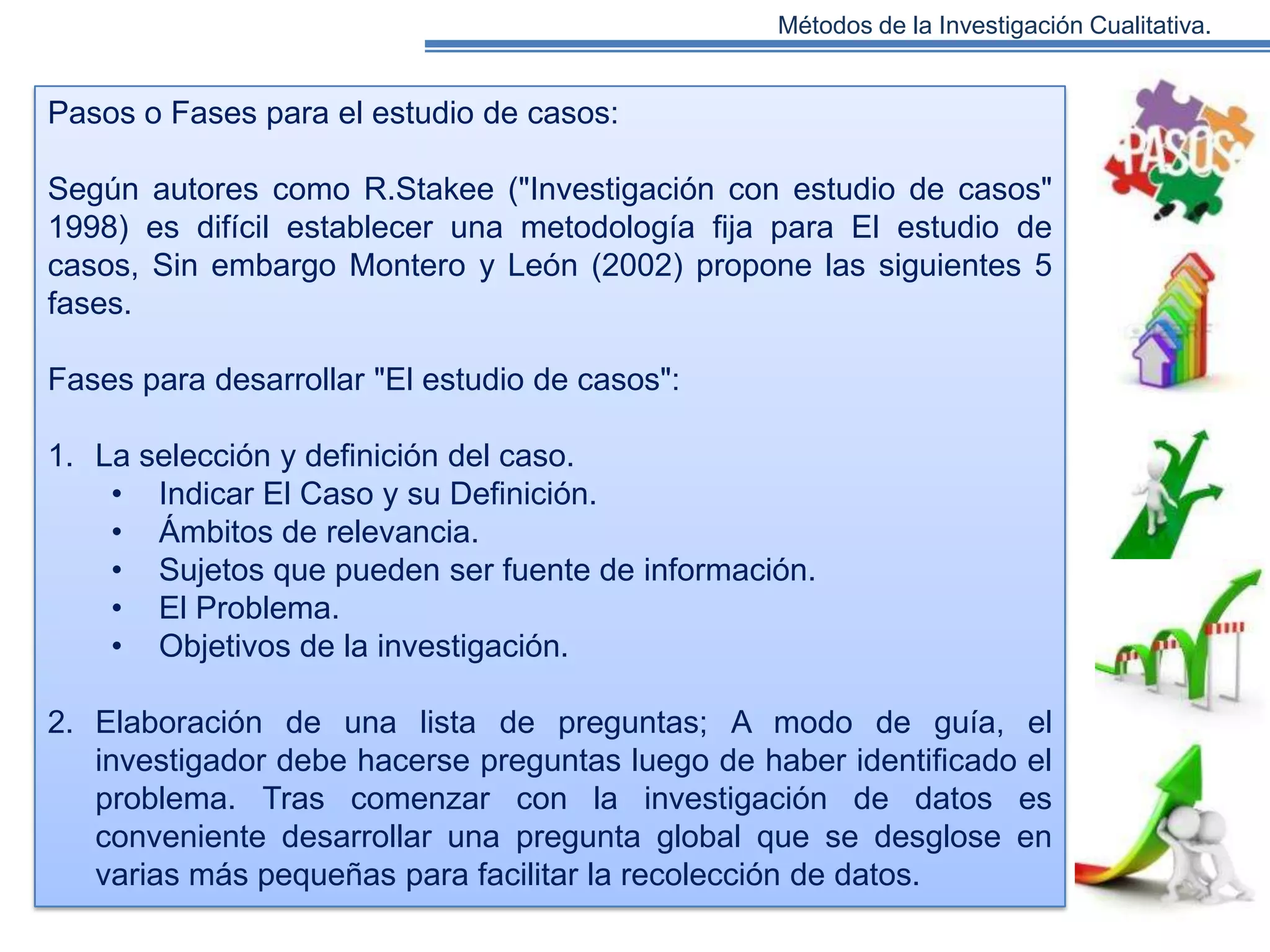 Métodos de la Investigación Cualitativa.

Pasos o Fases para el estudio de casos:
Según autores como R.Stakee ("Investigación con estudio de casos"
1998) es difícil establecer una metodología fija para El estudio de
casos, Sin embargo Montero y León (2002) propone las siguientes 5
fases.
Fases para desarrollar "El estudio de casos":

1. La selección y definición del caso.
• Indicar El Caso y su Definición.
• Ámbitos de relevancia.
• Sujetos que pueden ser fuente de información.
• El Problema.
• Objetivos de la investigación.
2. Elaboración de una lista de preguntas; A modo de guía, el
investigador debe hacerse preguntas luego de haber identificado el
problema. Tras comenzar con la investigación de datos es
conveniente desarrollar una pregunta global que se desglose en
varias más pequeñas para facilitar la recolección de datos.

 