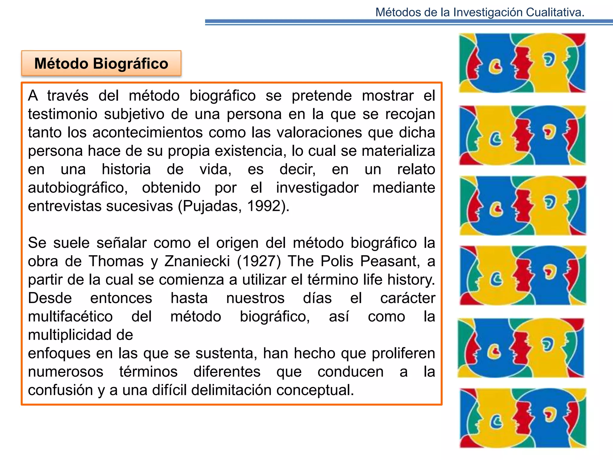Métodos de la Investigación Cualitativa.

Método Biográfico
A través del método biográfico se pretende mostrar el
testimonio subjetivo de una persona en la que se recojan
tanto los acontecimientos como las valoraciones que dicha
persona hace de su propia existencia, lo cual se materializa
en una historia de vida, es decir, en un relato
autobiográfico, obtenido por el investigador mediante
entrevistas sucesivas (Pujadas, 1992).
Se suele señalar como el origen del método biográfico la
obra de Thomas y Znaniecki (1927) The Polis Peasant, a
partir de la cual se comienza a utilizar el término life history.
Desde entonces hasta nuestros días el carácter
multifacético del método biográfico, así como la
multiplicidad de
enfoques en las que se sustenta, han hecho que proliferen
numerosos términos diferentes que conducen a la
confusión y a una difícil delimitación conceptual.

 