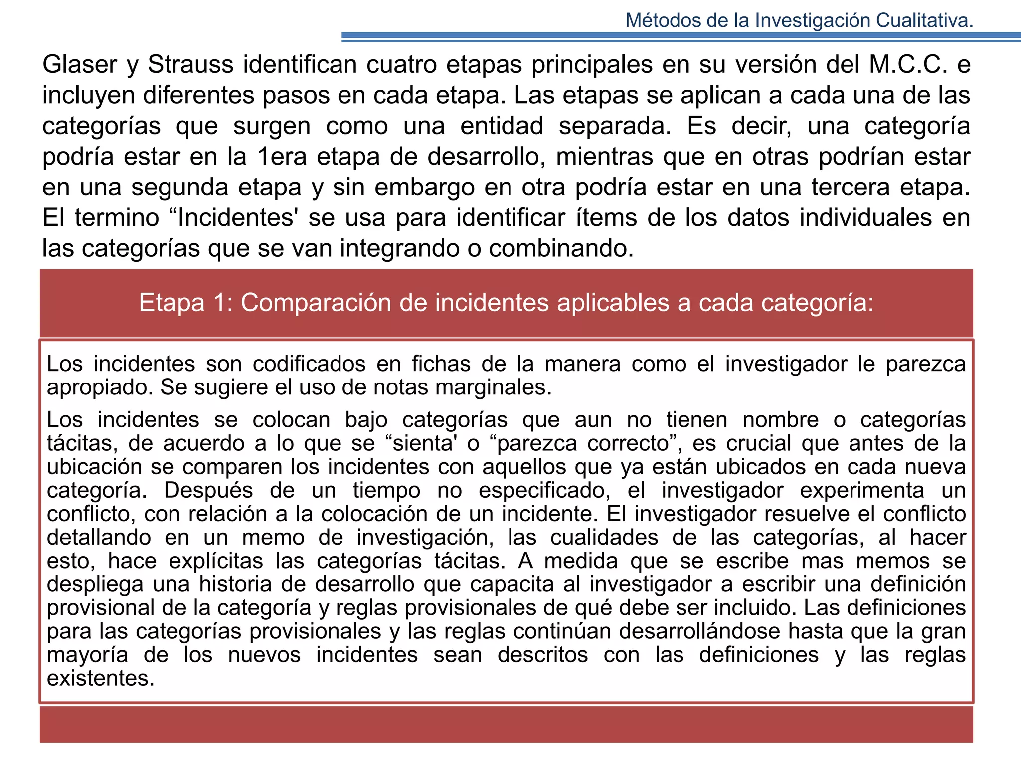 Métodos de la Investigación Cualitativa.

Glaser y Strauss identifican cuatro etapas principales en su versión del M.C.C. e
incluyen diferentes pasos en cada etapa. Las etapas se aplican a cada una de las
categorías que surgen como una entidad separada. Es decir, una categoría
podría estar en la 1era etapa de desarrollo, mientras que en otras podrían estar
en una segunda etapa y sin embargo en otra podría estar en una tercera etapa.
El termino “Incidentes' se usa para identificar ítems de los datos individuales en
las categorías que se van integrando o combinando.
Etapa 1: Comparación de incidentes aplicables a cada categoría:
Los incidentes son codificados en fichas de la manera como el investigador le parezca
apropiado. Se sugiere el uso de notas marginales.
Los incidentes se colocan bajo categorías que aun no tienen nombre o categorías
tácitas, de acuerdo a lo que se “sienta' o “parezca correcto”, es crucial que antes de la
ubicación se comparen los incidentes con aquellos que ya están ubicados en cada nueva
categoría. Después de un tiempo no especificado, el investigador experimenta un
conflicto, con relación a la colocación de un incidente. El investigador resuelve el conflicto
detallando en un memo de investigación, las cualidades de las categorías, al hacer
esto, hace explícitas las categorías tácitas. A medida que se escribe mas memos se
despliega una historia de desarrollo que capacita al investigador a escribir una definición
provisional de la categoría y reglas provisionales de qué debe ser incluido. Las definiciones
para las categorías provisionales y las reglas continúan desarrollándose hasta que la gran
mayoría de los nuevos incidentes sean descritos con las definiciones y las reglas
existentes.

 