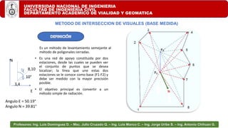 UNIVERSIDAD NACIONAL DE INGENIERIA
FACULTAD DE INGENIERIA CIVIL
DEPARTAMENTO ACADEMICO DE VIALIDAD Y GEOMATICA
Profesores: Ing. Luis Domínguez D. – Msc. Julio Cruzado Q. – Ing. Luis Manco C. – Ing. Jorge Uribe S. – Ing. Antonio Chihuan G.
METODO DE INTERSECCION DE VISUALES (BASE MEDIDA)
Es un método de levantamiento semejante al
método de poligonales cerradas.
• Es una red de apoyo constituida por dos
estaciones, desde las cuales se pueden ver
el conjunto de puntos que se desea
localizar; la línea que une estas dos
estaciones se le conoce como base (F1-F2) y
debe ser medido con la mayor precisión
posible.
• El objetivo principal es convertir a un
método simple de radiación.
3,4
8,10
N
E
Angulo E = 50.19°
Angulo N = 39.81°
10°
 