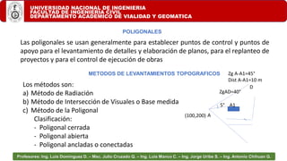 UNIVERSIDAD NACIONAL DE INGENIERIA
FACULTAD DE INGENIERIA CIVIL
DEPARTAMENTO ACADEMICO DE VIALIDAD Y GEOMATICA
Profesores: Ing. Luis Domínguez D. – Msc. Julio Cruzado Q. – Ing. Luis Manco C. – Ing. Jorge Uribe S. – Ing. Antonio Chihuan G.
Los métodos son:
a) Método de Radiación
b) Método de Intersección de Visuales o Base medida
c) Método de la Poligonal
Clasificación:
- Poligonal cerrada
- Poligonal abierta
- Poligonal ancladas o conectadas
METODOS DE LEVANTAMIENTOS TOPOGRAFICOS
Las poligonales se usan generalmente para establecer puntos de control y puntos de
apoyo para el levantamiento de detalles y elaboración de planos, para el replanteo de
proyectos y para el control de ejecución de obras
POLIGONALES
A
D
ZgAD=40°
5° A1
Zg A-A1=45°
Dist A-A1=10 m
(100,200)
 