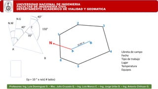 UNIVERSIDAD NACIONAL DE INGENIERIA
FACULTAD DE INGENIERIA CIVIL
DEPARTAMENTO ACADEMICO DE VIALIDAD Y GEOMATICA
Profesores: Ing. Luis Domínguez D. – Msc. Julio Cruzado Q. – Ing. Luis Manco C. – Ing. Jorge Uribe S. – Ing. Antonio Chihuan G.
N
4
5
6
1
2
3
A
N.M
N.G
Libreta de campo
Fecha
Tipo de trabajo
Lugar
Temperatura
Equipos
B
C
Ep = 10 “ x raíz( # lados)
40°
70°
40°
150°
 