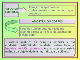 AMOSTRA OU CORPUS
Avançar ou aprimorar o
conhecimento sobre o mundo que
nos cerca.
PESQUISA
EMPÍRICA
Parte ou subconjunto da realidade
escolhido para ser o foco da atenção do
pesquisador.
O caráter analítico da pesquisa empírica e sua
subdivisão artiﬁcial da realidade podem levar ao
Empiricismo / Cartesianismo e a uma pressuposição
ingênua da objetividade e neutralidade da ciência.
 
