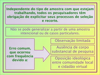 Independente do tipo de amostra com que estejam
trabalhando, todos os pesquisadores têm
obrigação de explicitar seus processos de seleção
e recorte.
Não se pode generalizar a partir de uma amostra
intencional ou de casos particulares.
Erro comum,
que ocorreu
com frequência
devido a:
Observação limitada
Ausência de corpo
substancial de pesquisa
Oposição ideológica
entre comunidade local
e cidadão virtual
 