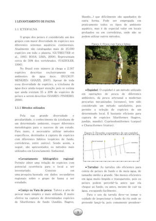3
1 LEVANTAMENTO DE FAUNA
1.1 ICTIOFAUNA
O grupo dos peixes é considerado um dos
grupos com maior diversidade de espécies nos
diferentes sistemas aquáticos continentais.
Atualmente são catalogadas mais de 25.000
espécies em todo o planeta. (GUTREUTER et
al., 1995; ROSA; LIMA, 2008). Representam
cerca de 50% dos vertebrados. (VAZZOLER,
1996).
No Brasil este número já chega a 2.587
espécies descritas exclusivamente em
ambientes de água doce. (BUCKUP;
MENEZES; GHAZZI, 2007). Apesar de toda
essa diversidade de espécies, a ictiofauna de
água doce ainda requer atenção, pois se estima
que ainda existam 35 a 40% de espécies de
peixes a serem descritas (SOARES; PINHEIRO,
2008).
1.1.1 Métodos utilizados
Pela sua grande diversidade e
peculiaridade, o conhecimento da ictiofauna de
um determinado ambiente, requer diferentes
metodologias para o sucesso de um estudo.
Para tanto, é necessário utilizar métodos
específicos, destinados à captura de espécies
com diferentes hábitos (espécies de fundo,
corredeiras, entre outros). Sendo assim, a
seguir, são apresentados os métodos mais
utilizados em Licenciamento Ambiental.
 Levantamento bibliográfico regional:
Permite obter uma relação de espécies com
potencial ocorrência para o local a ser
inventariado. Consiste em
uma pesquisa baseada em dados secundários
regionais sobre o grupo de fauna a ser
estudado.
 Caniço ou Vara de pesca: Talvez a arte de
pescar mais simples e mais utilizada. É muito
efetiva na captura de determinadas espécies
de Siluriformes de fundo (Jundiás, Bagres,
Mandis...) que dificilmente são apanhados de
outra forma. Pode ser empregada em
praticamente todos os tipos de ambiente
aquático, mas é de especial valor em locais
profundos ou em corredeiras, onde não se
podem utilizar outros métodos.
Figura 1: Pesca com Vara e linhas.
 Espinhel: O espinhel é um método utilizado
em operações de pesca de diferentes
ambientes, da pesca artesanal a modernas
pescarias mecanizadas (oceanos), tem sido
considerado um método satisfatório, pois
permite a seleção de espécies de um
determinado local. É bastante eficiente para
captura de espécies Siluriformes (bagres,
jundiás, mandis), Cyprinodontiformes (carpas)
e Characiformes (traíras).
Figura 2: Desenho esquemático de um espinhel.
 Tarrafas: As tarrafas são eficientes para
coleta de peixes de fundo e de meia água, de
tamanho médio a grande. São menos eficientes
em água muito límpida e transparente, pois os
peixes podem percebê-la antes que ela
chegue ao fundo, ou antes, mesmo de cair na
água, escapando facilmente.
Para o uso da tarrafa deve-se tomar o
cuidado de inspecionar o fundo do rio onde se
pretende lançá-la, pois comumente prendem-
 