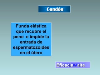 Condón


 Funda elástica
 que recubre el
pene e impide la
   entrada de
espermatozoides
   en el útero

                   Eficacia : alta
 
