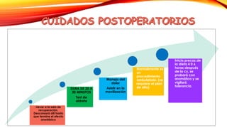 Llevar a la sala de 
recuperación. 
Descansará allí hasta 
que termine el efecto 
anestésico 
DURA DE 20 A 
30 MINUTOS 
Test de 
aldrete 
Normalmente es 
un 
procedimiento 
ambulatorio. (se 
requiere el plan 
de alta) 
Manejo del 
dolor 
Asistir en la 
movilización 
Inicio precoz de 
la dieta 4 0 6 
horas después 
de la cx, se 
probará con 
aromática y se 
vigilará 
tolerancia. 
 