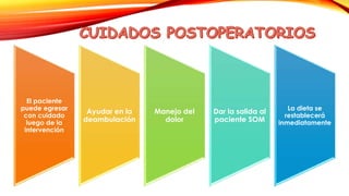 El paciente 
puede egresar 
con cuidado 
luego de la 
intervención 
Ayudar en la 
deambulación 
Manejo del 
dolor 
Dar la salida al 
paciente SOM 
La dieta se 
restablecerá 
inmediatamente 
 