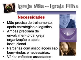• Mãe precisa de treinamento,
apoio estratégico e logístico.
• Ambas precisam de
envolvimen-to da igreja
organização e apoio
institucional.
• Parcerias com associações são
bem-vindas e necessárias.
• Vários métodos associados
 