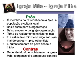 • O membros do NB conhecem a área, a
população e cultura local
• Baixo custo para a organização
• Baixo empenho da igreja-organização
• Torna-se rapidamente ministério local
• É e estimula o ministério leigo entusias-
mando outros – típico Adventista
• É autenticamente do povo desde o
início
• Dependendo do envolvimento da Igreja
Mãe, a organização tem pouco controle
 