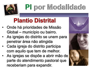 • Onde há prioridades de Missão
Global – município ou bairro.
• As igrejas do distrito se unem para
penetrar área não atingida
• Cada igreja do distrito participa
com aquilo que tem de melhor.
• As igrejas se dispõe a abrir mão de
parte do atendimento pastoral que
receberiam para expandir.
 
