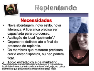 • Nova abordagem, novo estilo, nova
liderança. A liderança precisa ser
capacitada para o processo.
• Avaliação do local “queimado”.*
• Orçamento definido até o final do
processo de replantio.
• Os membros que restaram precisam
crer e estar dispostos, ou não podem
ficar.
• Apoio estratégico e de marketing.*Local queimado é considerado aquele que a comunidade
local descrimina por má conduta anterior da igreja, ou outros
elementos que prejudicam a imagem da igreja local.
 