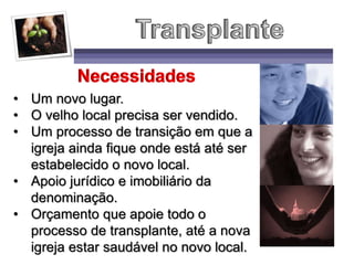 • Um novo lugar.
• O velho local precisa ser vendido.
• Um processo de transição em que a
igreja ainda fique onde está até ser
estabelecido o novo local.
• Apoio jurídico e imobiliário da
denominação.
• Orçamento que apoie todo o
processo de transplante, até a nova
igreja estar saudável no novo local.
 