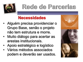 • Alguém precisa providenciar o
Grupo Base, senão o projeto
não tem estrutura e morre.
• Muito diálogo para acertar as
arestas institucionais.
• Apoio estratégico e logístico
• Vários métodos associados
podem e deverão ser usados.
 