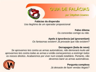 GUIA DE FALÁCIAS por  Stephen  Downes Falácias da dispersão Uso ilegítimo de um operador proposicional Falso dilema Ou concordas comigo ou não. Apelo à Ignorância ( ad ignorantiam ) Os fantasmas existem! Já provaste que não existem? Derrapagem (bola de neve) Se aprovamos leis contra as armas automáticas, não demorará muito até aprovarmos leis contra todas as armas e então começaremos a restringir todos os nossos direitos. Acabaremos por viver num estado totalitário. Portanto, não devemos banir as armas automáticas. Pergunta complexa Já deixaste de fazer vendas ilegais? 