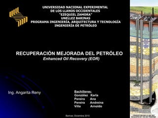 UNIVERSIDAD NACIONAL EXPERIMENTAL  DE LOS LLANOS OCCIDENTALES  “ EZEQUIEL ZAMORA” UNELLEZ BARINAS PROGRAMA INGENIERÍA, ARQUITECTURA Y TECNOLOGÍA INGENIERÍA DE PETRÓLEO Enhanced Oil Recovery (EOR) RECUPERACIÓN MEJORADA DEL PETRÓLEO Bachilleres: González  Karla    Pereira  Ana    Pereira  Andreina  Villa  Arnoldo  Barinas; Diciembre 2010 Ing. Angarita Reny  