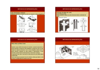 14
MÉTODOS DE REPRESENTAÇÃO
Corte Horizontal x Vertical
Conforme a posição do plano secante em relação à vistas ortográficas.
MÉTODOS DE REPRESENTAÇÃO
Extensão da linha de corte
Corte Pleno ou Total
Ocorre quando o plano secante atravessa toda a extensão da
peça.
MÉTODOS DE REPRESENTAÇÃO
Meia Vista ou Meio Corte
Quando a peça admite dois planos de simetria, é possível representar no
mesmo desenho a metade da vista ortográfica e metade do corte, ou seja,
metade do objecto permanece com a vista ortográfica externa (sem as
partes internas), enquanto na outra metade é representado o corte,
tornando as partes internas visíveis (por isso a meia vista é externa).
A separação entre vista e corte deve ser feita através de uma LINHA TRAÇO
E PONTO FINA.
Como essas peças já possuem eixo de simetria a linha que divide o corte
da vista é a própria linha de simetria ou de eixo.
MÉTODOS DE REPRESENTAÇÃO
 