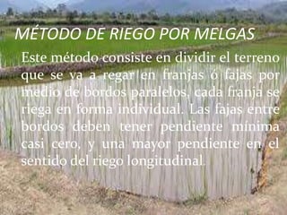 MÉTODO DE RIEGO POR MELGAS
Este método consiste en dividir el terreno
que se va a regar en franjas ó fajas por
medio de bordos paralelos, cada franja se
riega en forma individual. Las fajas entre
bordos deben tener pendiente mínima
casi cero, y una mayor pendiente en el
sentido del riego longitudinal.
 