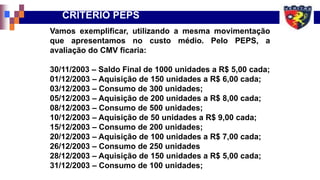 Vamos exemplificar, utilizando a mesma movimentação
que apresentamos no custo médio. Pelo PEPS, a
avaliação do CMV ficaria:
30/11/2003 – Saldo Final de 1000 unidades a R$ 5,00 cada;
01/12/2003 – Aquisição de 150 unidades a R$ 6,00 cada;
03/12/2003 – Consumo de 300 unidades;
05/12/2003 – Aquisição de 200 unidades a R$ 8,00 cada;
08/12/2003 – Consumo de 500 unidades;
10/12/2003 – Aquisição de 50 unidades a R$ 9,00 cada;
15/12/2003 – Consumo de 200 unidades;
20/12/2003 – Aquisição de 100 unidades a R$ 7,00 cada;
26/12/2003 – Consumo de 250 unidades
28/12/2003 – Aquisição de 150 unidades a R$ 5,00 cada;
31/12/2003 – Consumo de 100 unidades;
CRITÉRIO PEPS
 